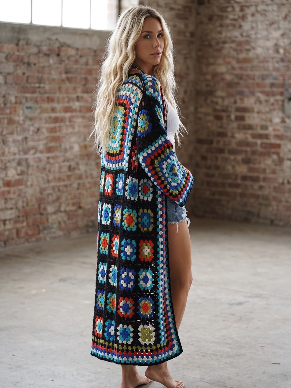 NWT POL Granny Tile Crochet Multi Colored Knit Long Duster Cardigan Sweater